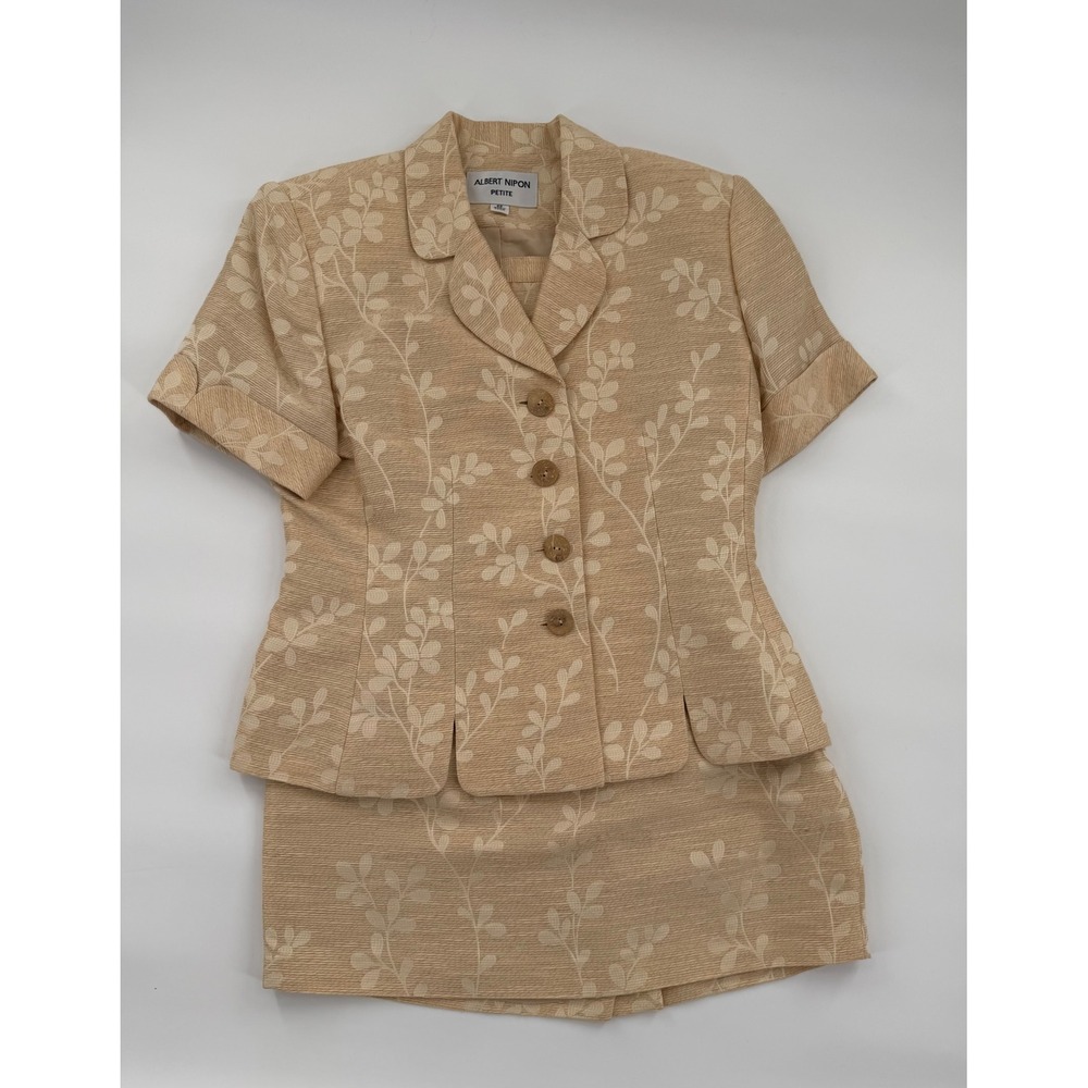 Albert Nipon Petite Skirt Suit Beige Floral Jacquard Linen Blend Size 6P